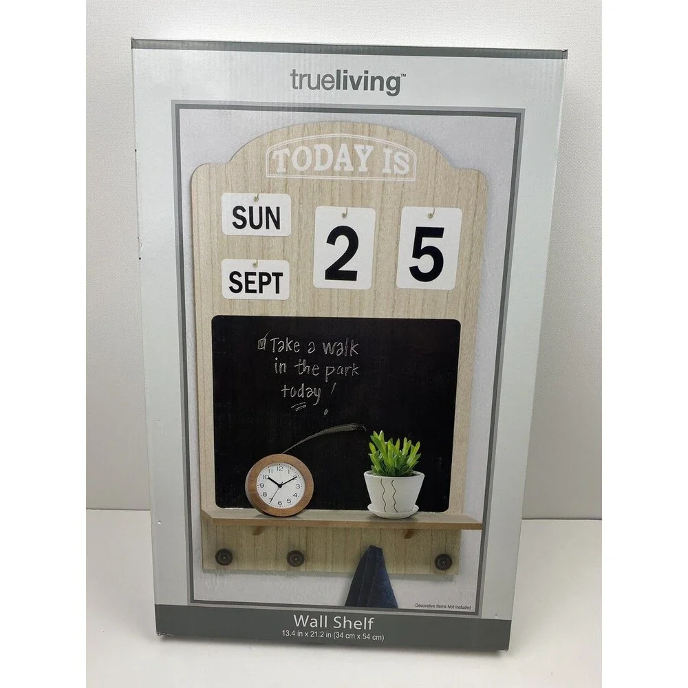 Wall Mounted Wooden Shelf Chalkboard Calendar Decor Display 4 Hooks Brown - New